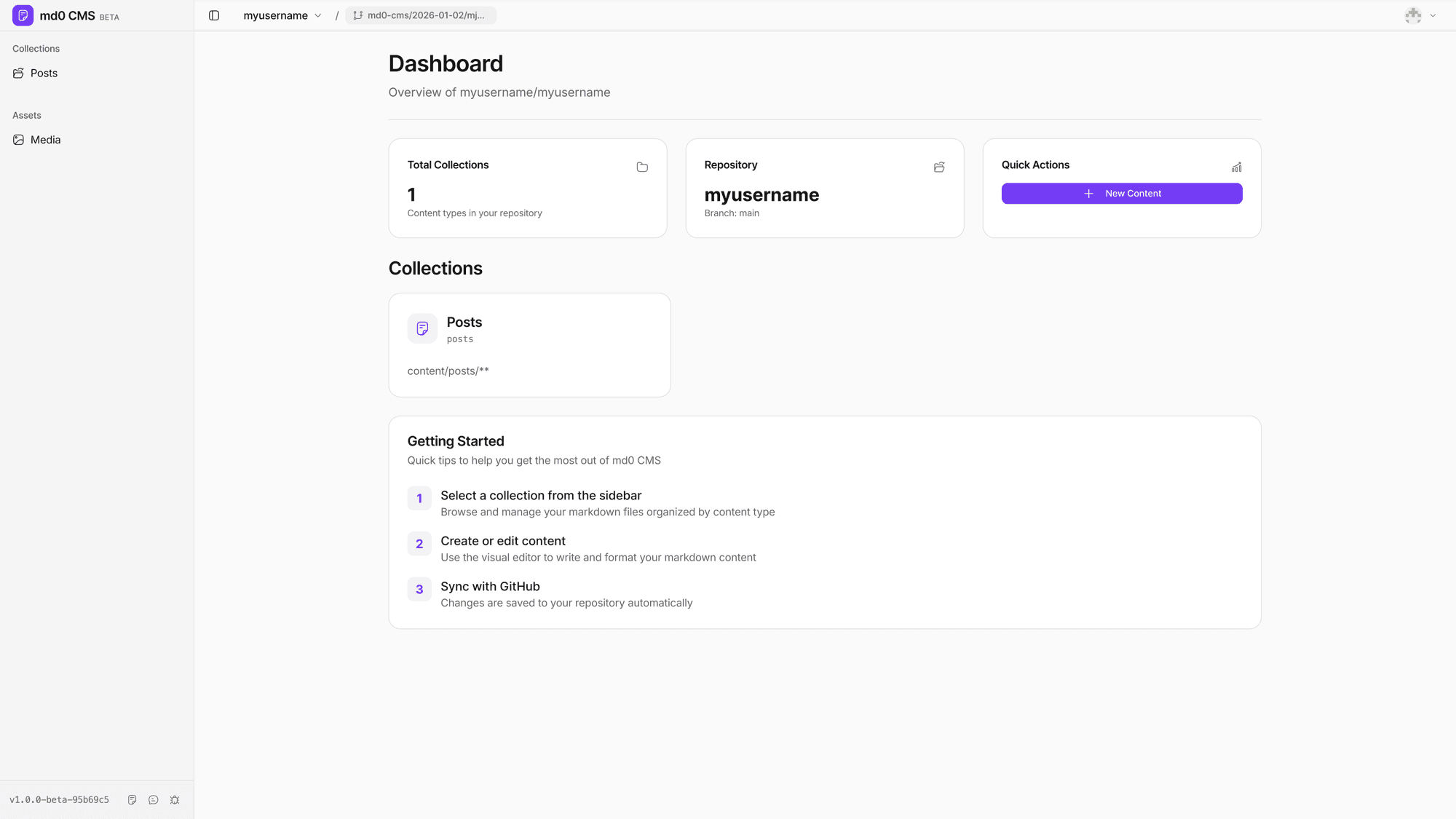 md0 CMS dashboard — collections overview with GitHub repository connection